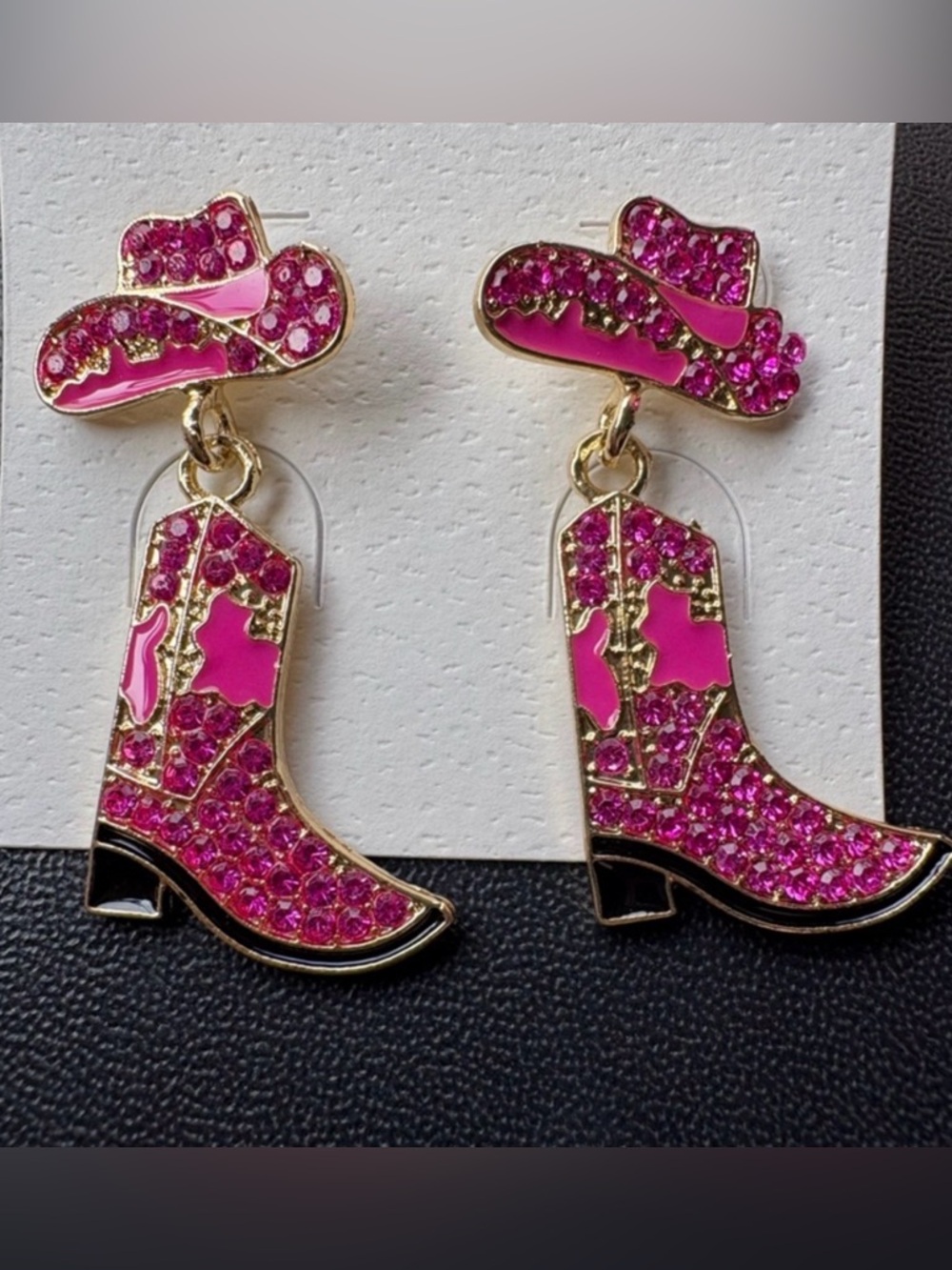 Pink Rhinestone Cowboy Boot & Hat Dangle Earrings